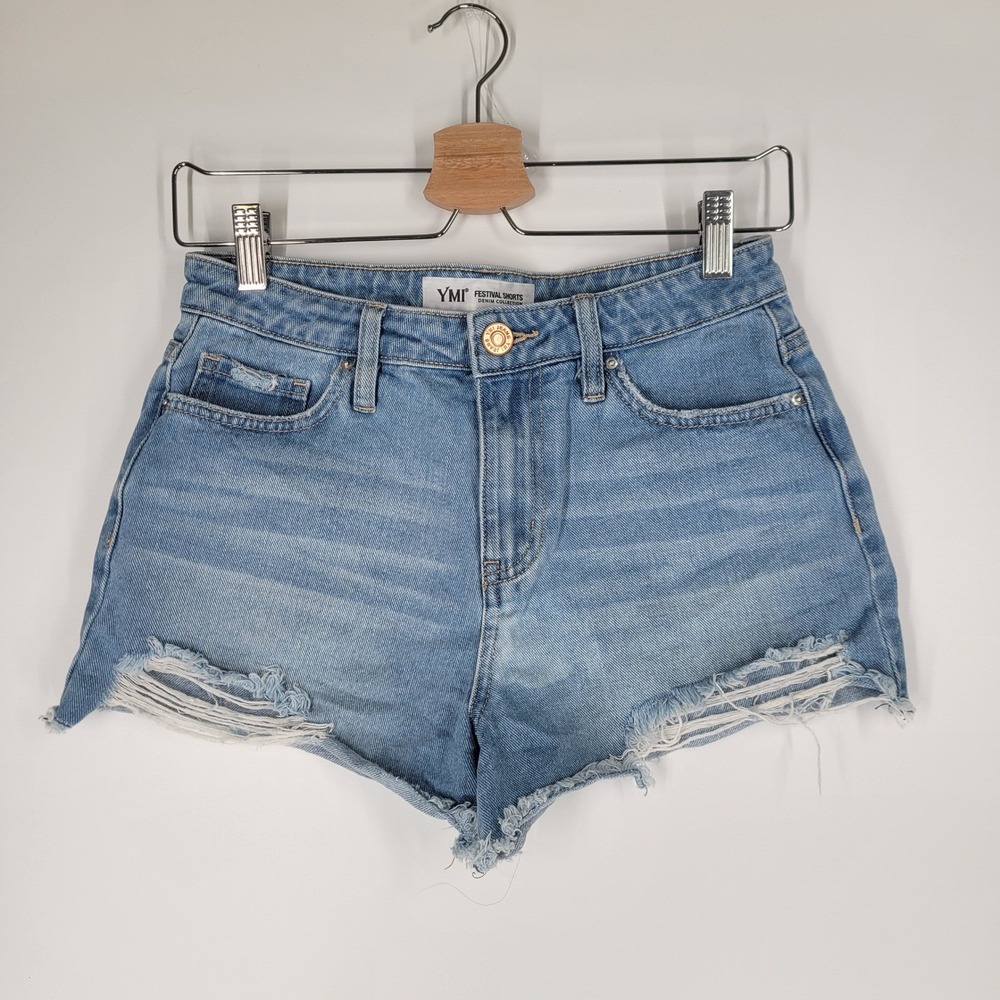 YMI Festival Shorts High Rise Distressed Denim Light Wash Blue Womens Size 26